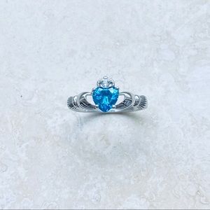 Sterling Silver Blue Topaz CZ Claddagh Ring, Irish Friendship Heart Jewelry
